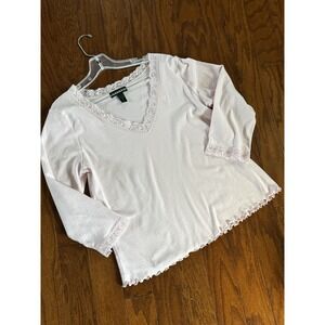 Lauren Ralph Lauren Sz XL‎ Dainty Pink V-neck Top Cotton Lace Trim Striped